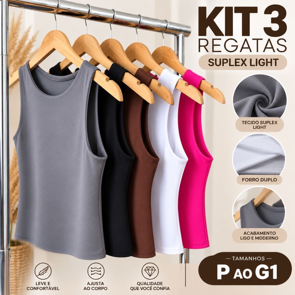 Kit 3 Blusa Regata Feminina Suplex Forro Duplo Básica Blusa Lisa Elegante Blogueira