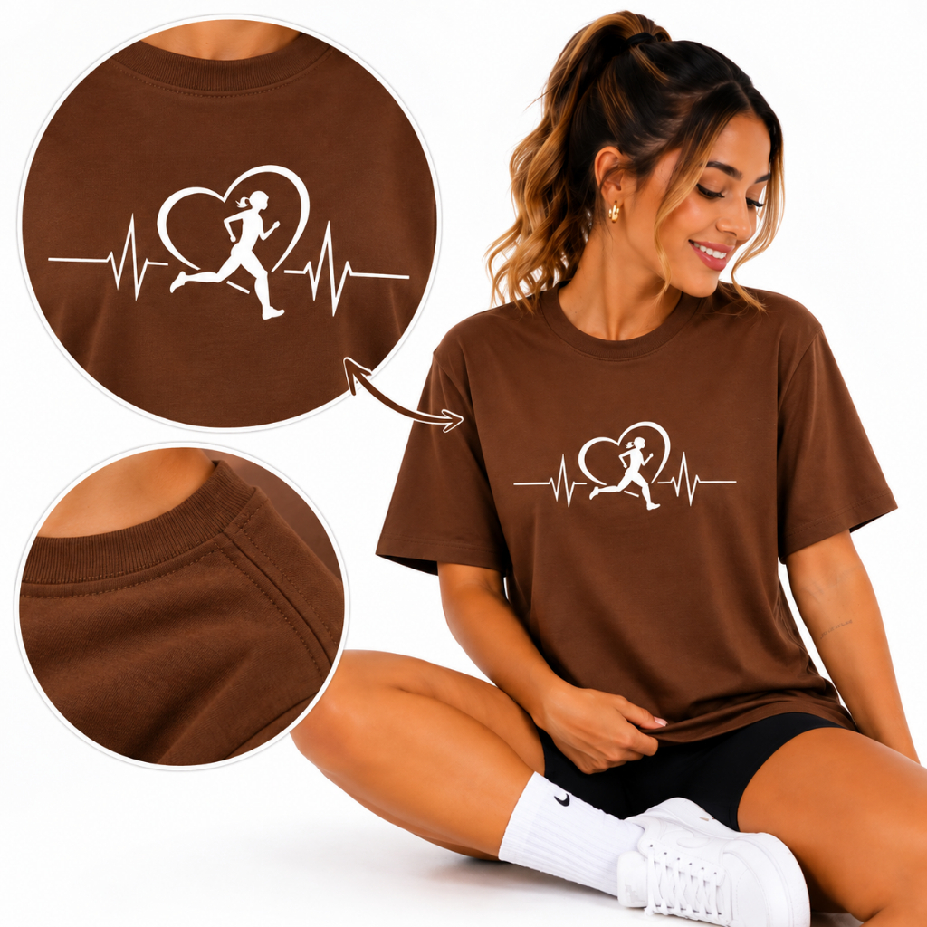 Camiseta Oversized Feminina Corrida Fitness Academia Running Blusa100% Algodão Estampa Coração Corredora Manga Curta