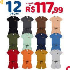 Kit 12 Peças Monocromáticas Lisas Infantil Menino Algodão Manga Curta Verão Roupa Masculina