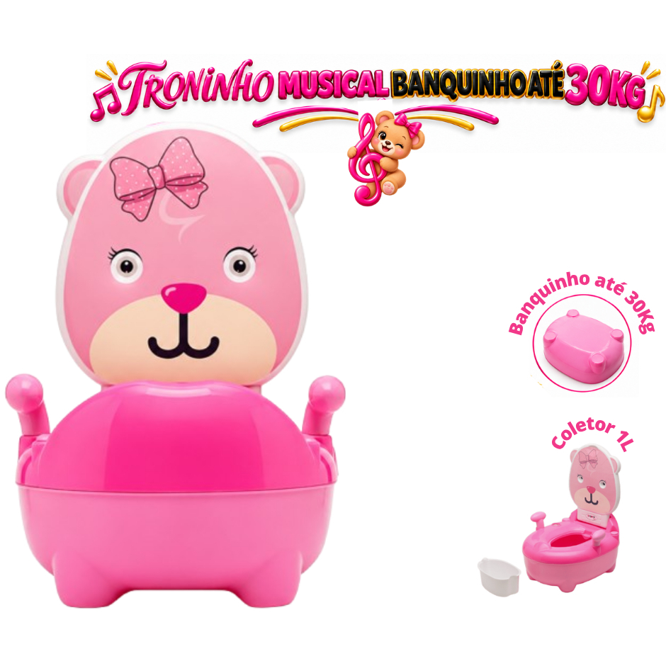 Troninho Musical 2 em 1 para Desfralde Penico Banquinho Infantil até 30kg Ursa Rosa