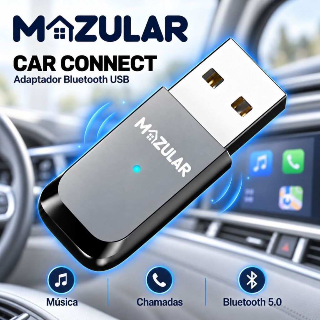 Adaptador Car Connect Bluetooth USB Receptor Chamadas Sem Fio Músicas Carro