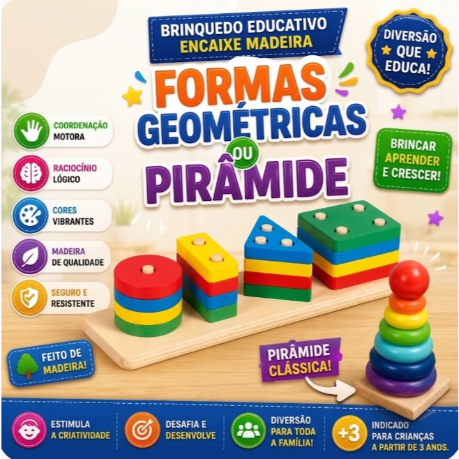 Brinquedo Educativo Montessori Torre Colorida Coordenação MDF Empilhar Formas Encaixe Geométricas