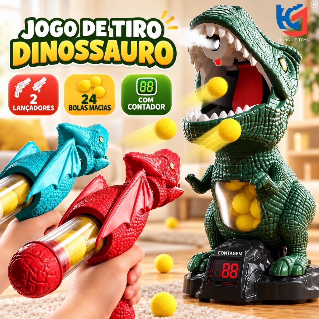 Jogo de Tiro Dinossauro 2 Lançadores Bolas Macias Alvo Contador Brinquedo Interativo Presente Menino