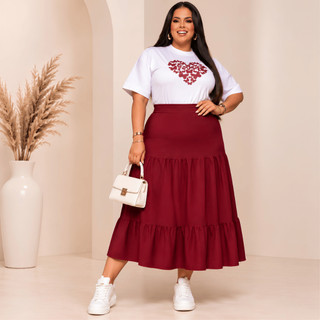 Conjunto Plus Size Saia Três Marias e Blusa Coração - Elegante - Conjunto Saia e blusa Moda modesta
