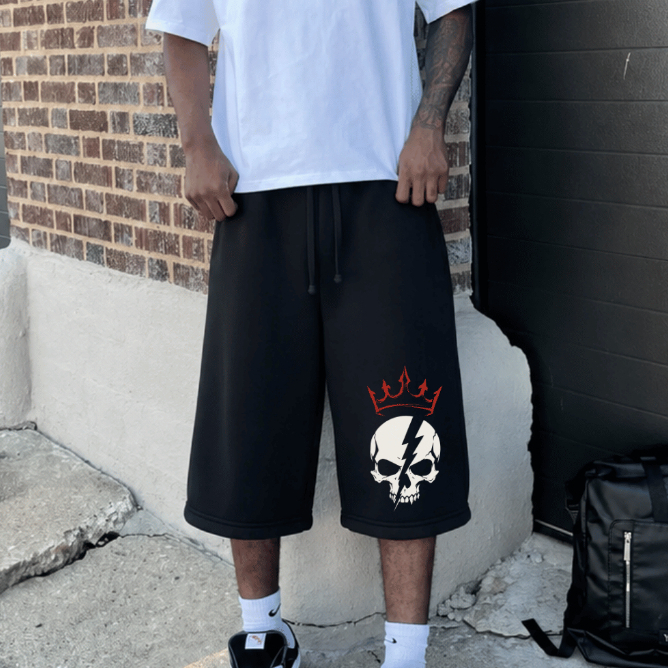 Bermuda Masculina Baggy Moletom Estampa Caveira Streetwear Oversized Larga Short Urbano Casual Treino Algodão Solto