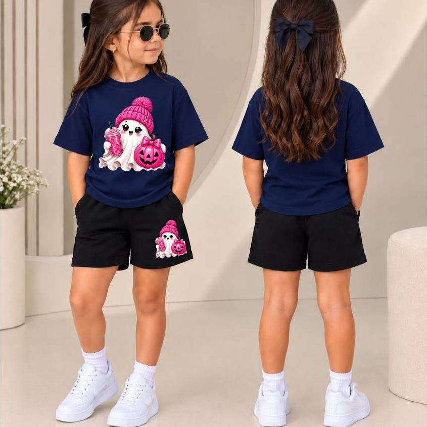 Conjunto Feminino Infantil Temático Halloween com Camiseta Estampada e Short de Moletom, Conforto para Brincar