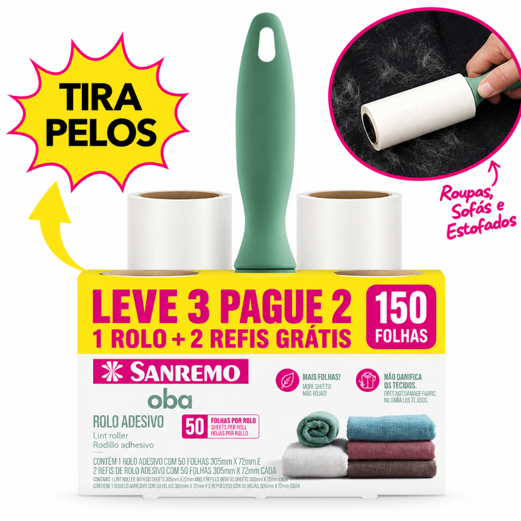 Rolo Tira Pelos Sanremo 150 Folhas Kit com 2 Refis Adesivos para Roupas Sofá Estofados Pelo de Pet Fiapos e Poeira