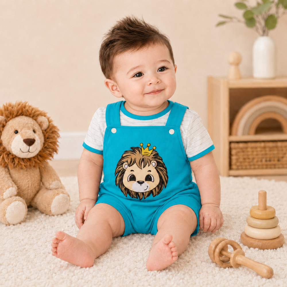 Conjunto Jardineira Macacão Curto Bebê Estampa Leão Com Camiseta Listrada 3-6M