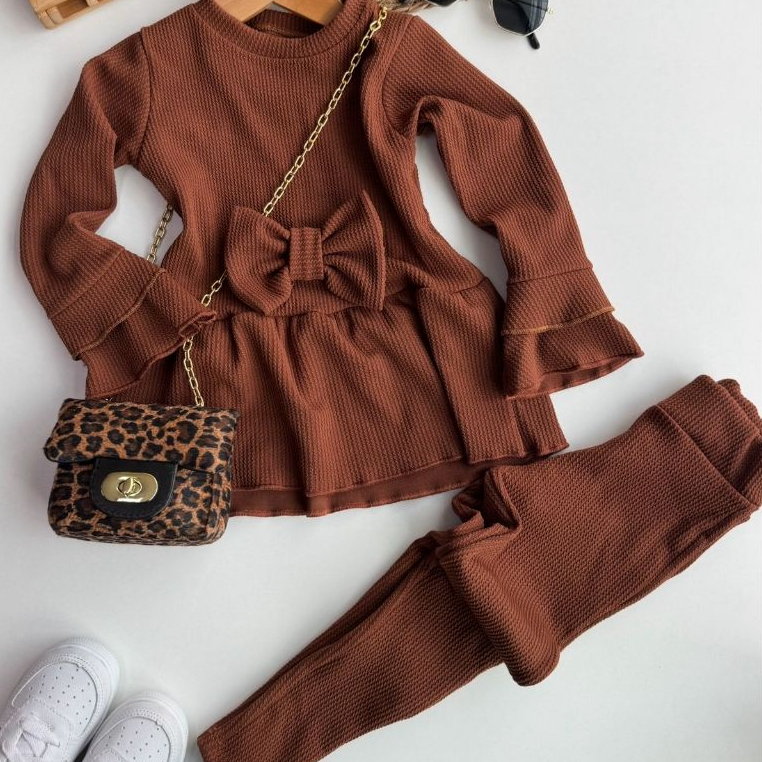 Conjunto Canelado Infantil Menina Blusa Manga Longa com Laço e Caça Para Frio