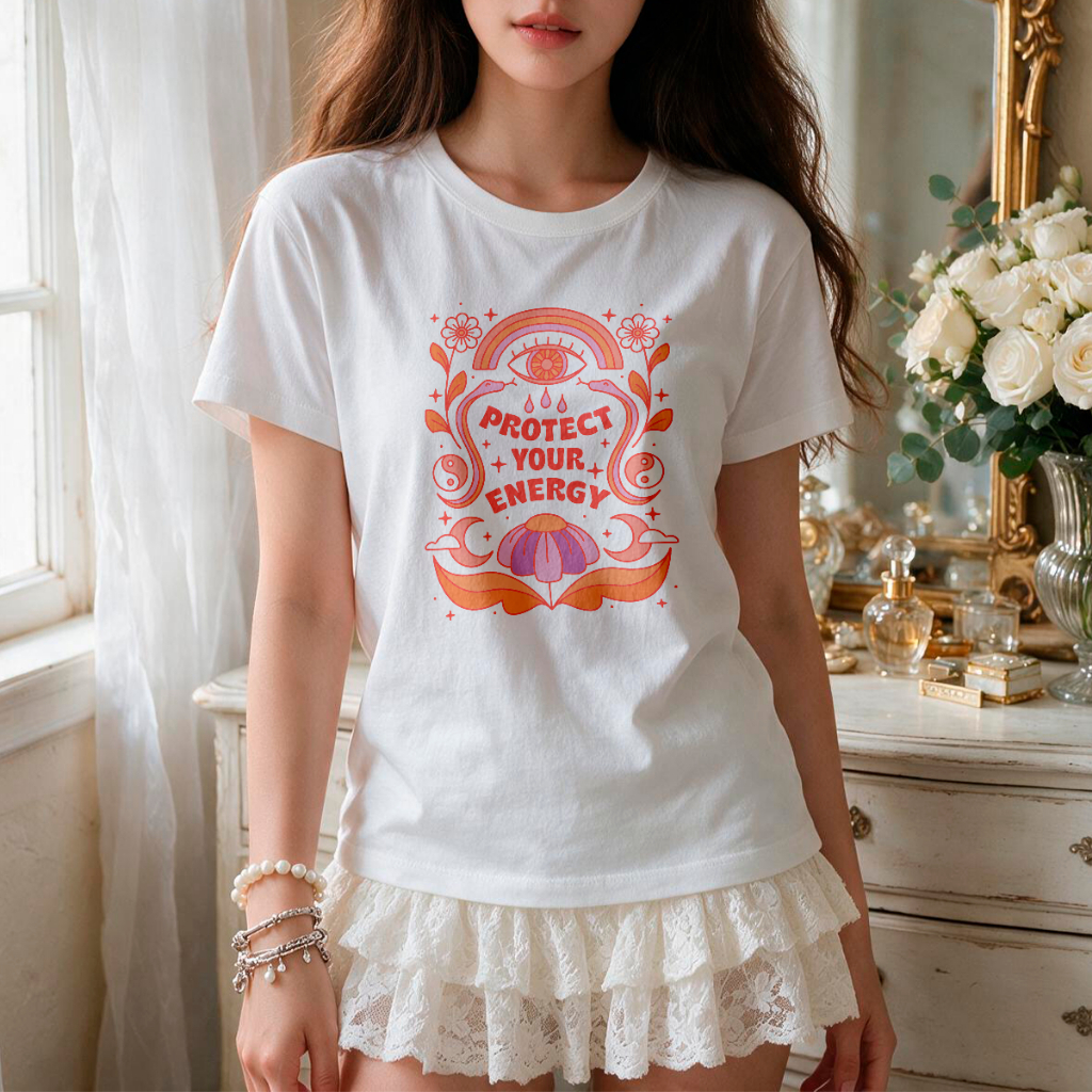 Camiseta Feminina Estilosa Proteja Sua Energia Confortável 100% Algodão