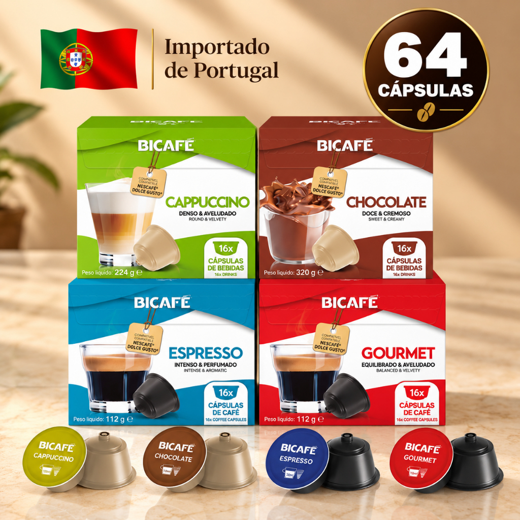 Kit 64 Cápsulas Importadas Bicafé Cafés e Lácteos Compatível Com Máquinas Dolce Gusto