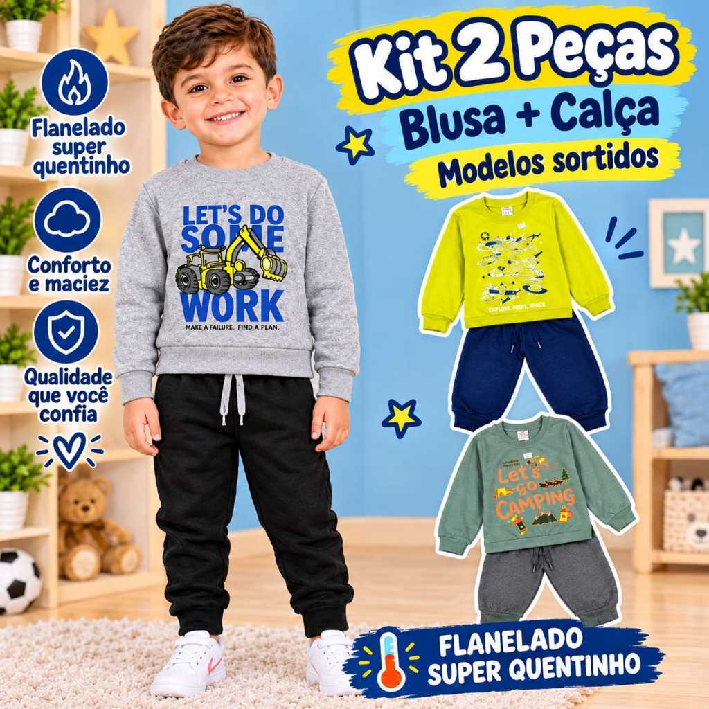 Conjunto Infantil Menino 2 Peças Blusa e Calça Moletom Flanelado Quentinho Inverno CORES SORTIDAS