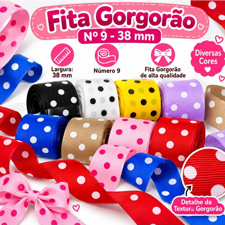 Fita Gorgorão Nº 9 38mm Poá Bolinha para Laços Artesanato – 10m ou 20m