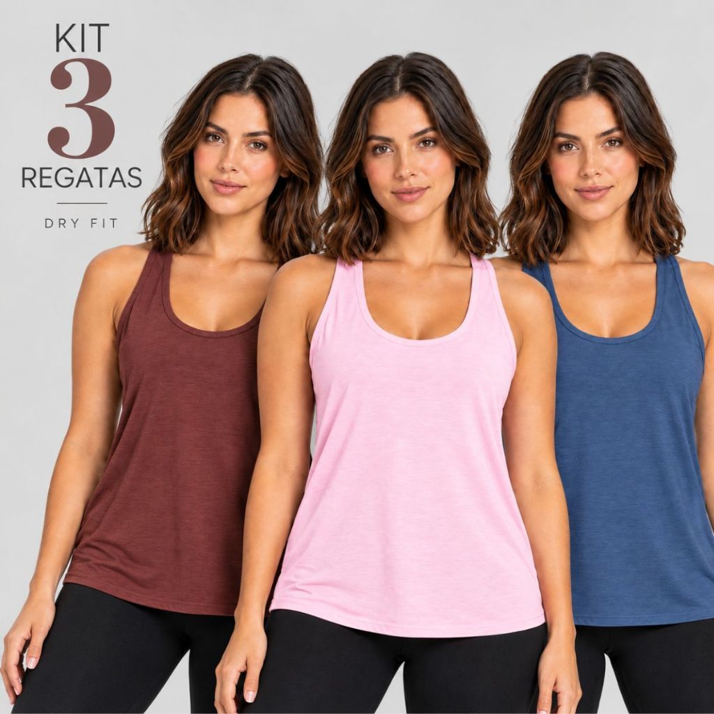 Kit 3 Regatas Femininas Nadador Malha Dry Fit Academia Fitness Treino Esportiva Confortável 26663