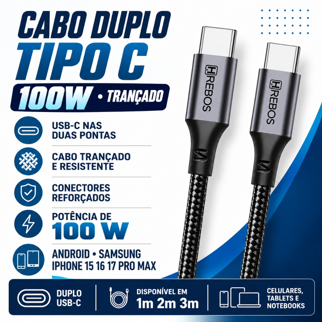Cabo USB-C Tipo C para Tipo C Hrebos 100W Turbo Trançado iPhone 15 16 17 Android 1m 2m 3m USB A