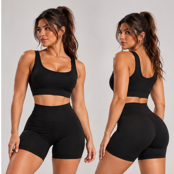 Conjunto Fitness Feminino Academia Poliamida 320 Blackout Zero Transparência Top Regata + Short Cós Alto