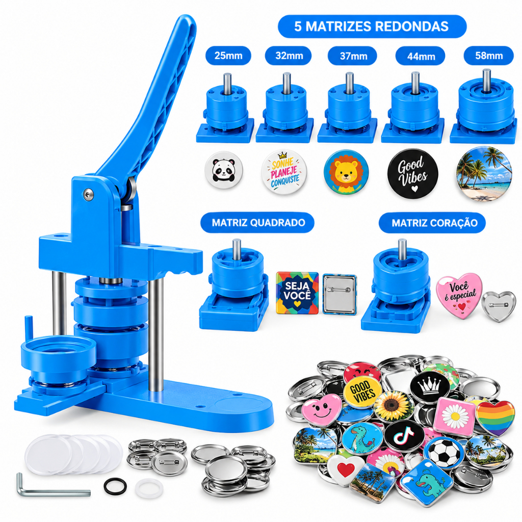 Kit Completo Máquina de Bottons REDONDA ou QUADRADA com INSUMOS – DIY Fácil e Divertido!