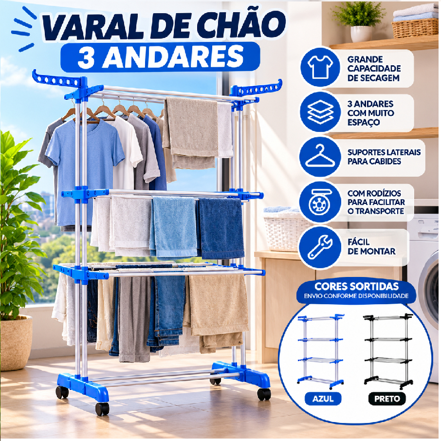 Varal de Chão 3 Andares Para Roupas e Calcinha Portátil e Dobrável
