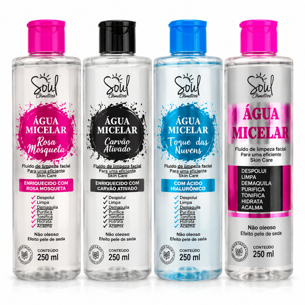 Kit 4 Águas Micelares Soul Cosméticos Limpeza Facial Demaquilante Rosa Mosqueta Hialurônico