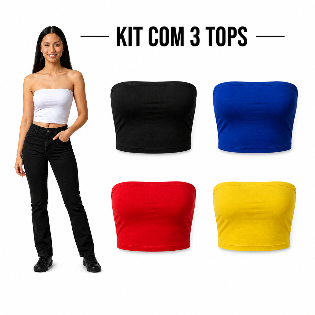KIT COM 3 CROPPED TOP FAIXA TOMARA QUE CAIA EM SUPLEX, CORES
