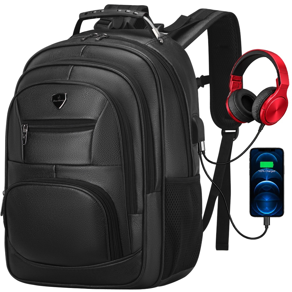Mochila Executiva Masculina em PU para Notebook com USB e Alça de Cabo de Aço Resistente à Água Trabalho Faculdade