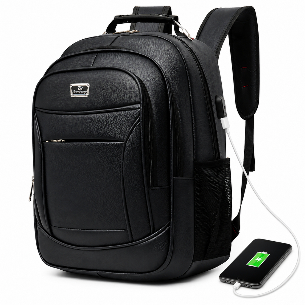 Inativo Mochila PU Grande Executiva Para Notebook Trabalho Faculdade Reforçada Cabo De Aço USB