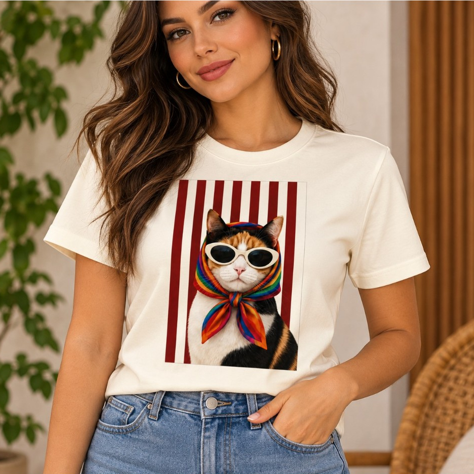 Camiseta Feminina Baby Look Estampa Gato Fashion Óculos e Lenço Colorido Algodão Off White Preta