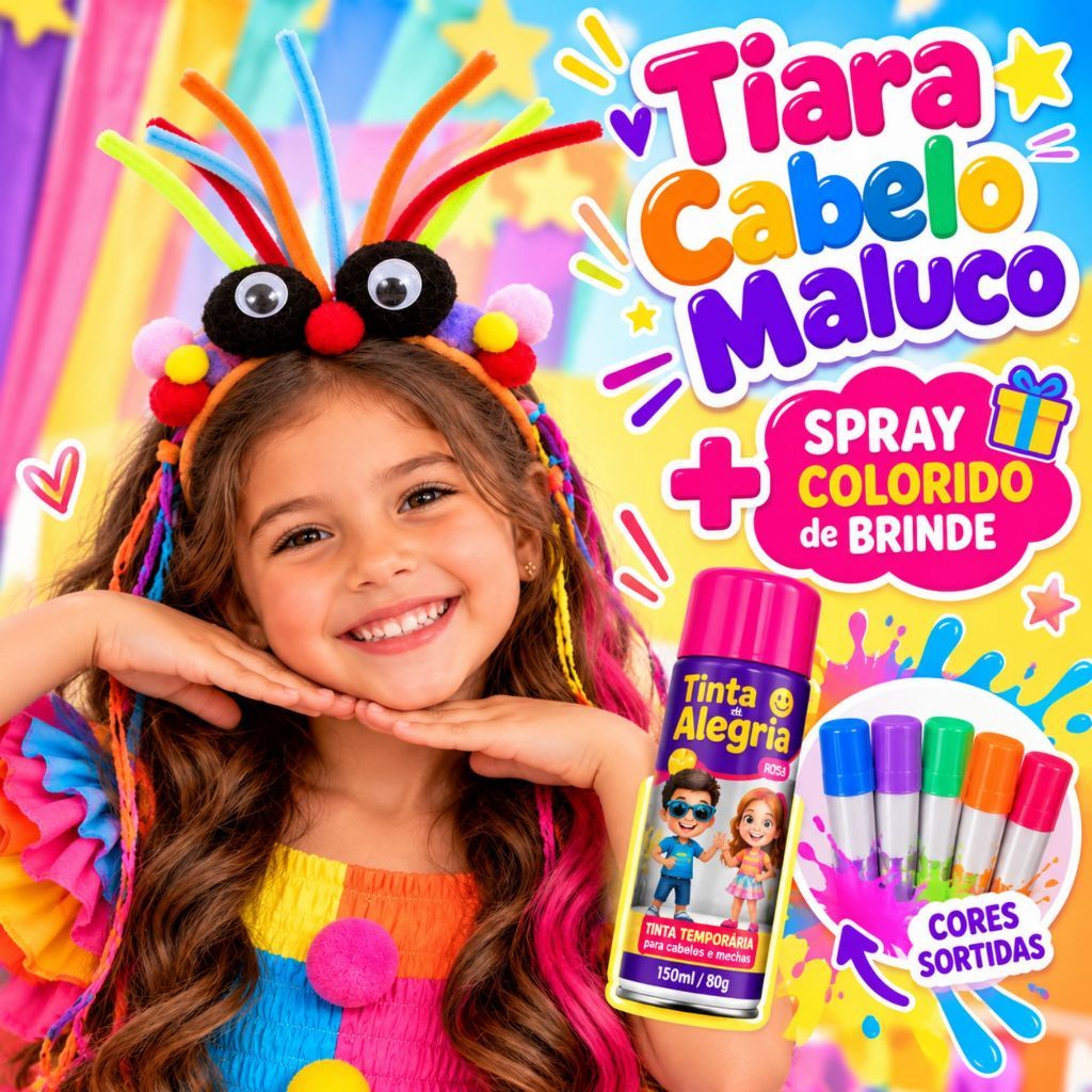 Tiara Divertida Cabelo Maluco Infantil Menina Tiara de Cabelo Fantasia Dia das Crianças Tinta Spray Colorido