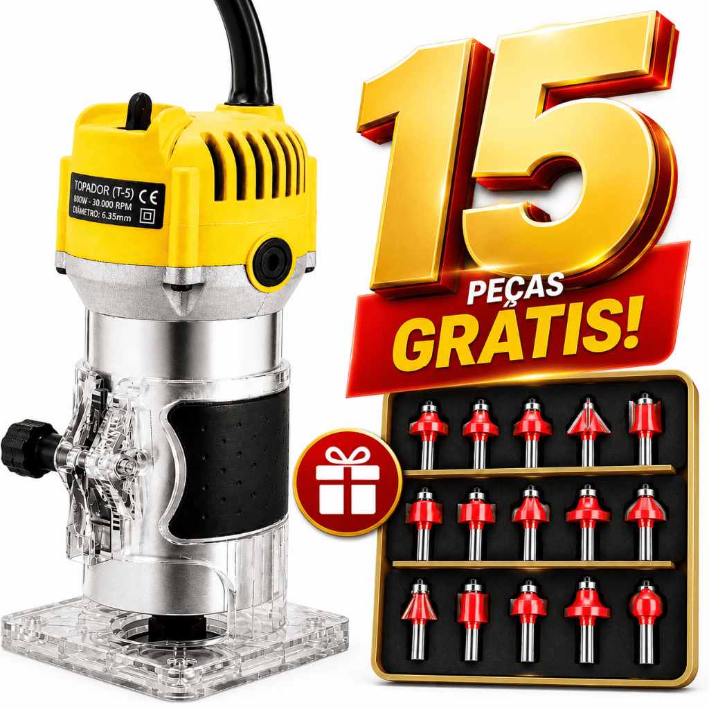 Tupia Laminadora 800W 6mm 110V ou 220V com 15 Fresas Profissional para Madeira