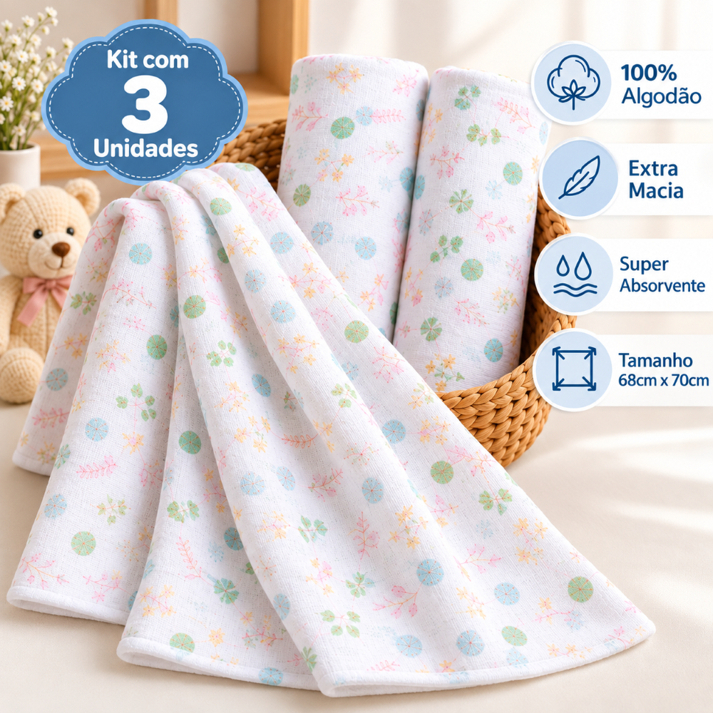 Kit 3 Fralda Pano De Ombro com Bainha Bebe Maternidade 100% Algodão Enxoval Macio Higiene