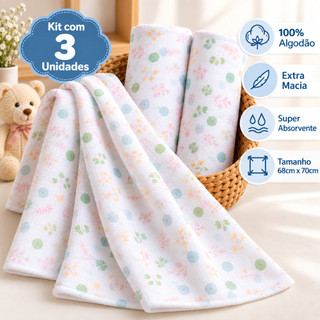 Kit 3 Fralda Pano De Ombro com Bainha Bebe Maternidade 100% Algodão Enxoval Macio Higiene