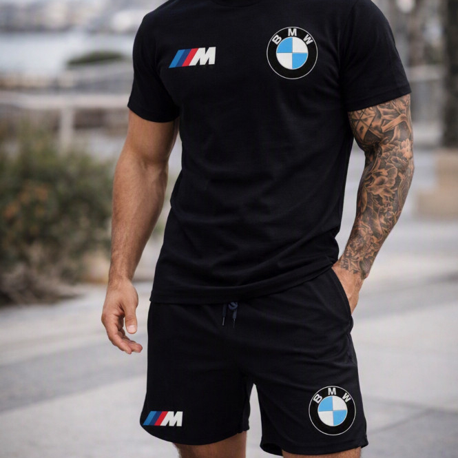 Kit Camiseta E Short Tactel Masculino BM M Sport Conjunto Exclusivo Estampado Carro Esportivo Alta Qualidade