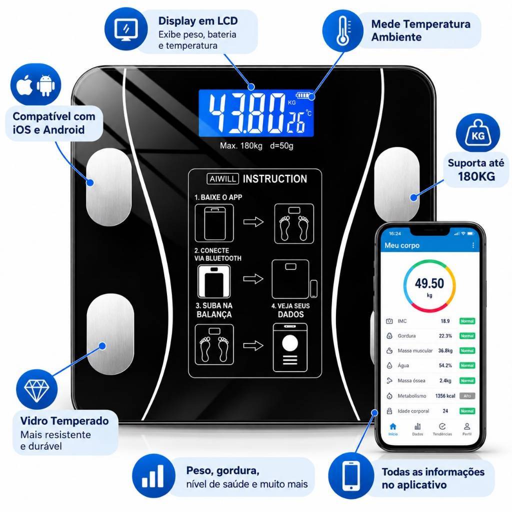 Balança Smart Corporal Bioimpedância com APP e Bluetooth Controle de Peso e IMC até 180 kg