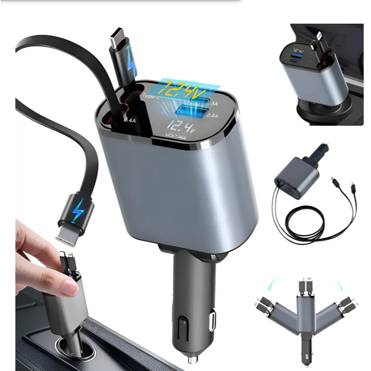 Carregador Veicular 4 em 1 Retrátil USB Tipo C iPhone Android Carga Rápida Carro com Cabo Integrado