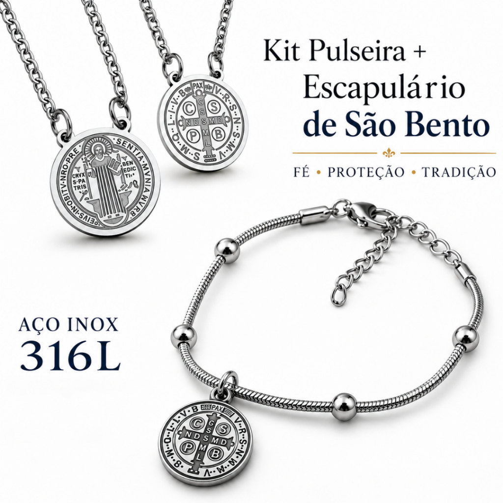 KIT Pulseira + Escapulário de Aço Inoxidável Pingente Cruz Medalha de Proteção de São Bento - Unissex