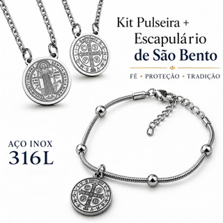 KIT Pulseira + Escapulário de Aço Inoxidável Pingente Cruz Medalha de Proteção de São Bento - Unissex