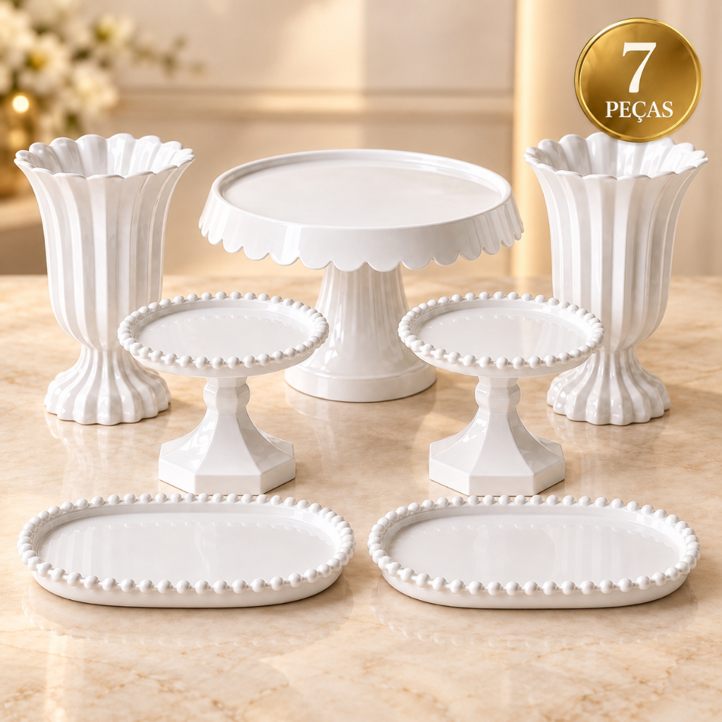Kit Festa 7 Peças Boleira 2 Vasos 2 Bandejas 2 Mini Cake Suporte Doces Decoração Aniversário Pérola