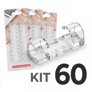 KIT 60 Organizador de Fios Adesivo Clips Fixador para Cabos Mesa e Parede Transparente