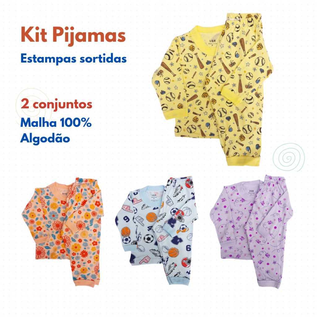 Kit Bebê Pijamas (2 Blusas + 2 Calças) 100 % Algodão - ESTAMPAS SORTIDAS