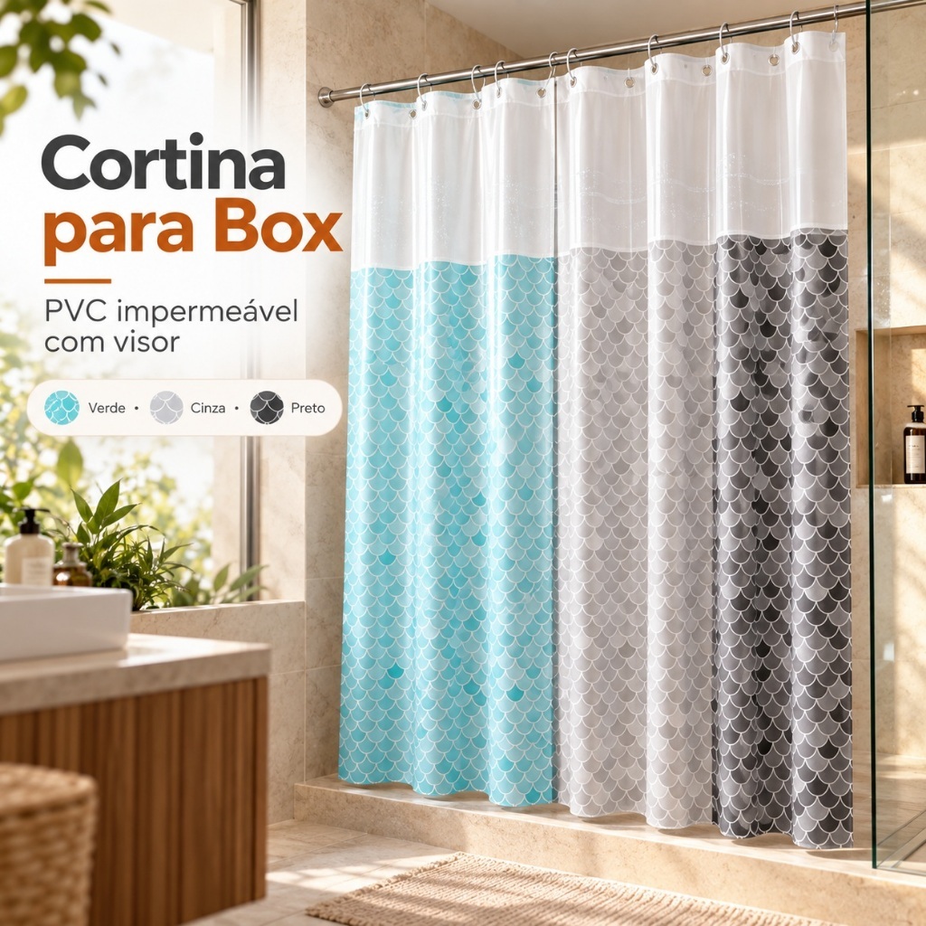 Cortina para Box Banheiro PVC Impermeável com Visor 1,38x1,98m para Banheiro sem Box