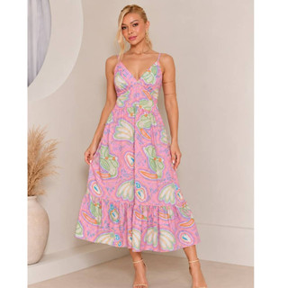 Vestido Midi Feminino Estampado – Cintura Marcada, Alças Finas e Saia Rodada | Verão 2025