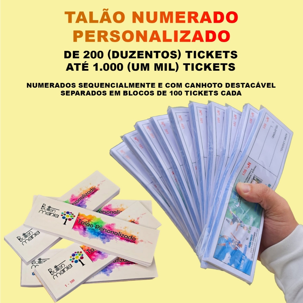 Bloco Talão de Rifa, Tickets ou Ação entre Amigos Personalizado com Canhoto Destacável 210mm x 59mm Branco