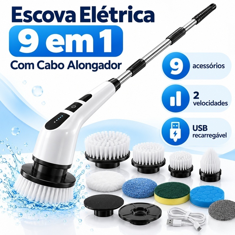 Escova Elétrica 9 em 1 Recarregável Giratória para Limpeza de Janelas Cozinha Banheiro com Cabo Alongador Ajustável -D10