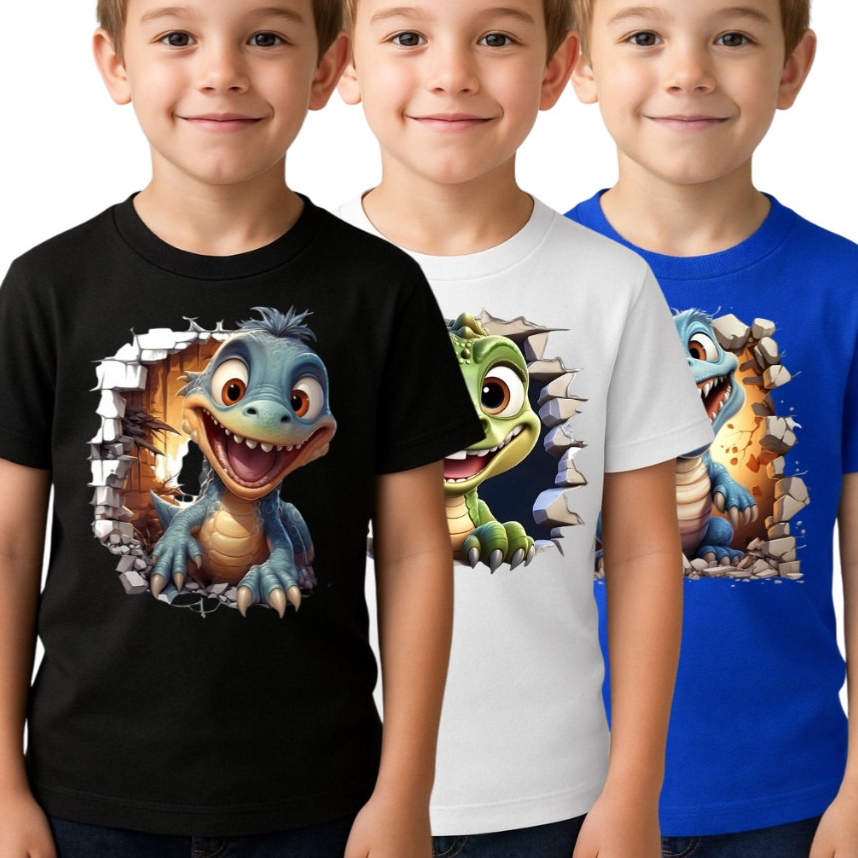 KIT 3 CAMISETA INFANTIL UNISSEX ALGODÃO 30.1 ESTAMPADA DINOSSAUROS EDIÇÃO EXCLUSIVA