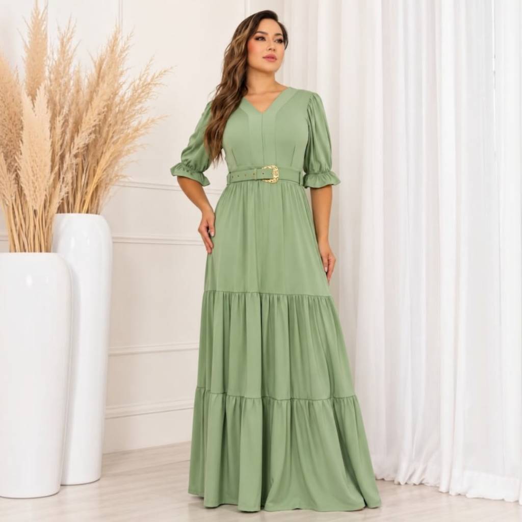 Vestido Feminino Longo Evangélico Três Marias Com Cinto Personalizado Confortavél e Elegante Tedência