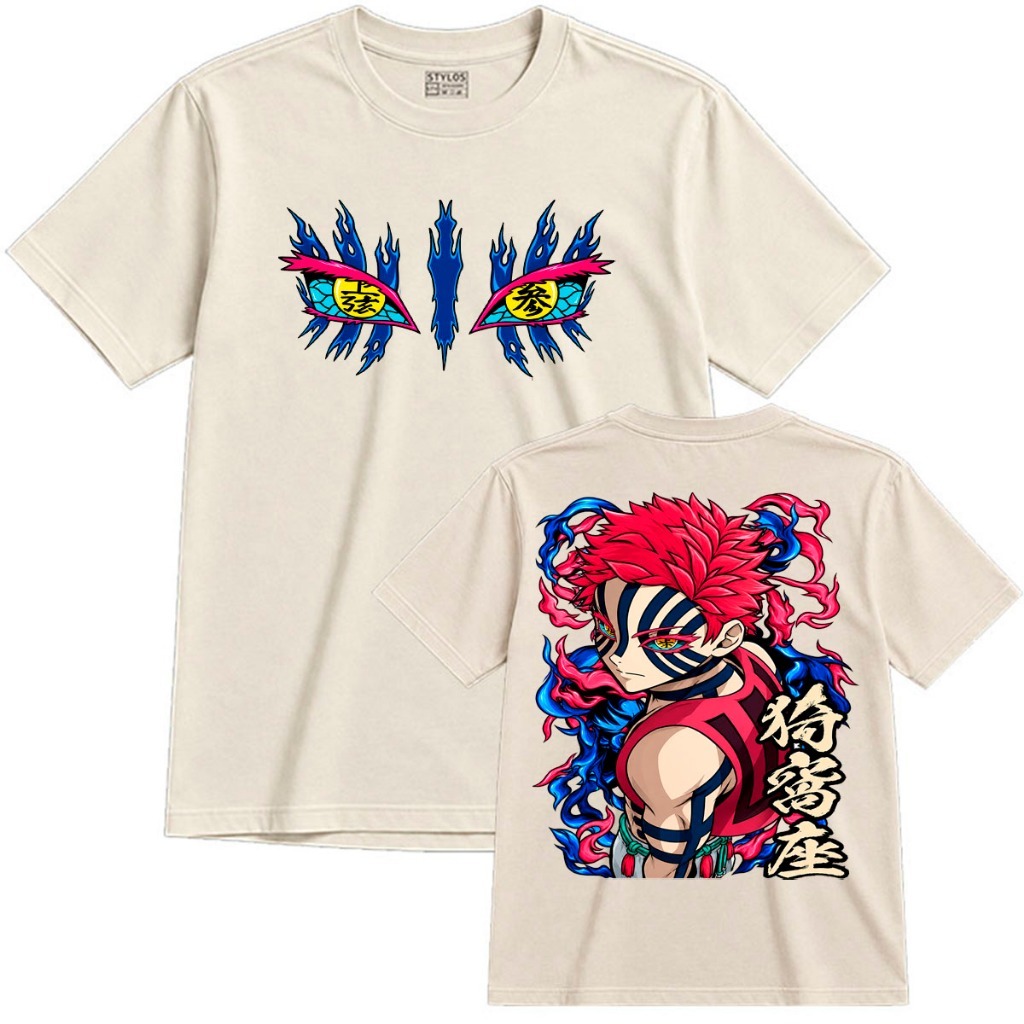 Camisa Masculina T-Shirt Roupa Algodão Casual Akaza olhos Estampas Desenho Anime Manga Demon Slayer Oni