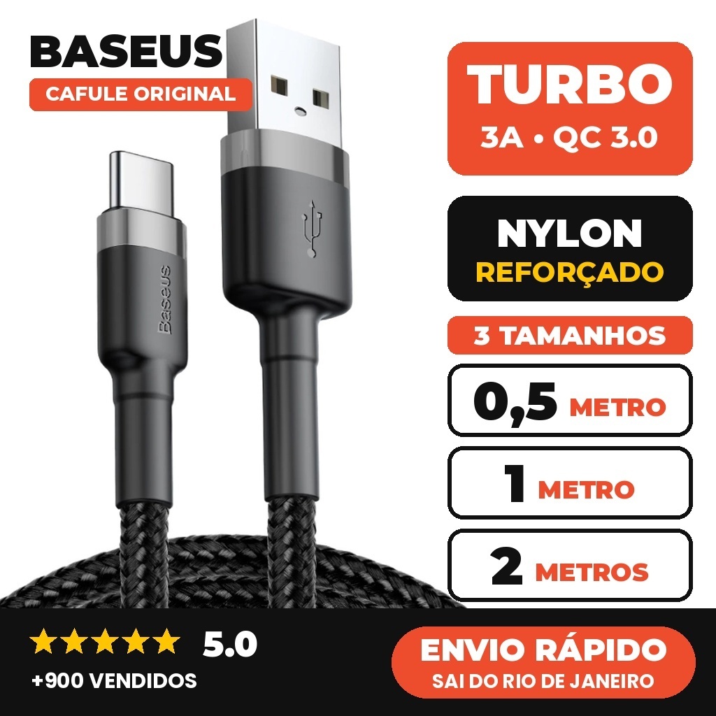 Cabo USB Para Tipo C Baseus 3.A QC3.0 Nylon Carregamento Rápido Reforcado