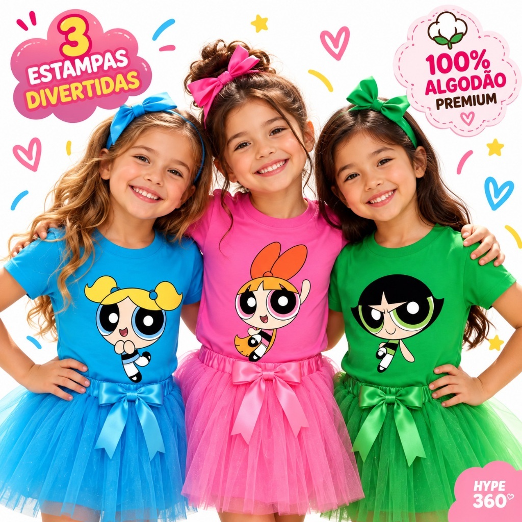 Camiseta Meninas Super Poderosas Lindinha Docinho Florzinha Carnaval Blusa Infantil e Adulta Festa