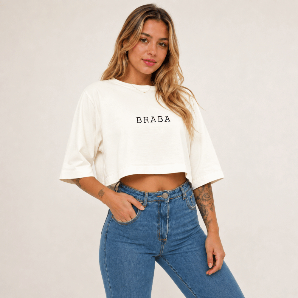 Cropped Algodão Oversized Tendência Modinha Estampado "Braba"