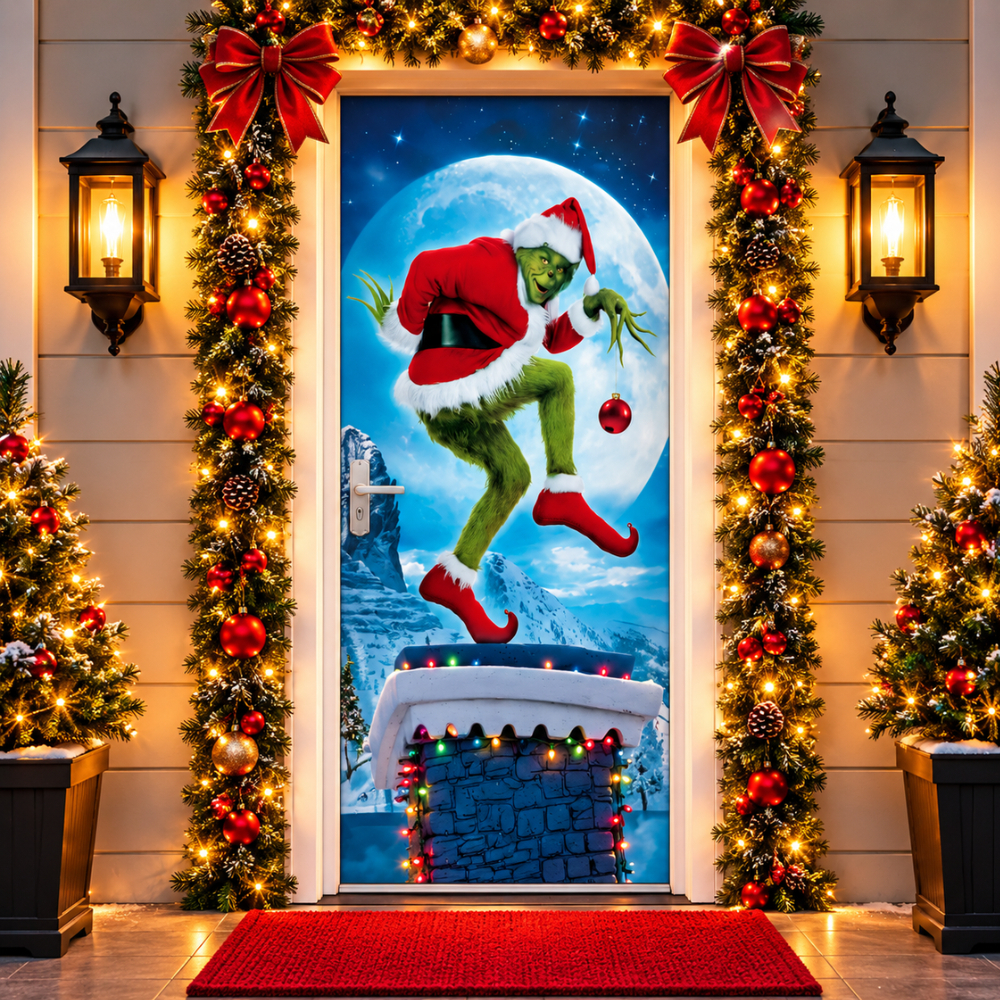 Capa De Porta Natalina Tecido Sublimado 2,0x0,8m C/ Elástico Grinch Noel Natal Lançamento Bibi Paineis